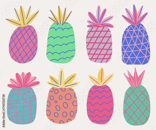 set of colorful pineapple with different texture