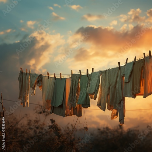 laundry  hanging  line  sunset  warm  glow  clothes  sky  clouds  evening  domestic  peaceful  homely  drying  clothespins  nature  outdoor  calm  tranquil  household  chores  fabric  cotton  daily li