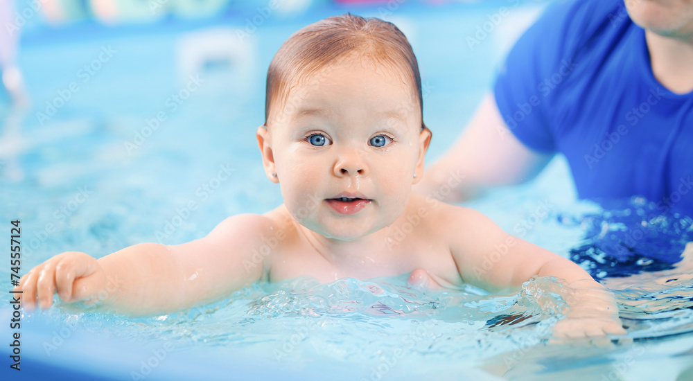 Banner Sport Healthcare in pool for babies. Portrait Cute happy laughing baby girl swimming.
