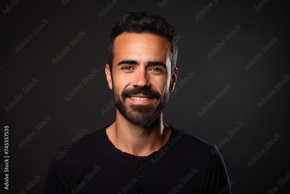 Portrait of a handsome bearded man in a black t-shirt on a dark background Portrait of a handsome bearded man in a black t-shirt on a dark background