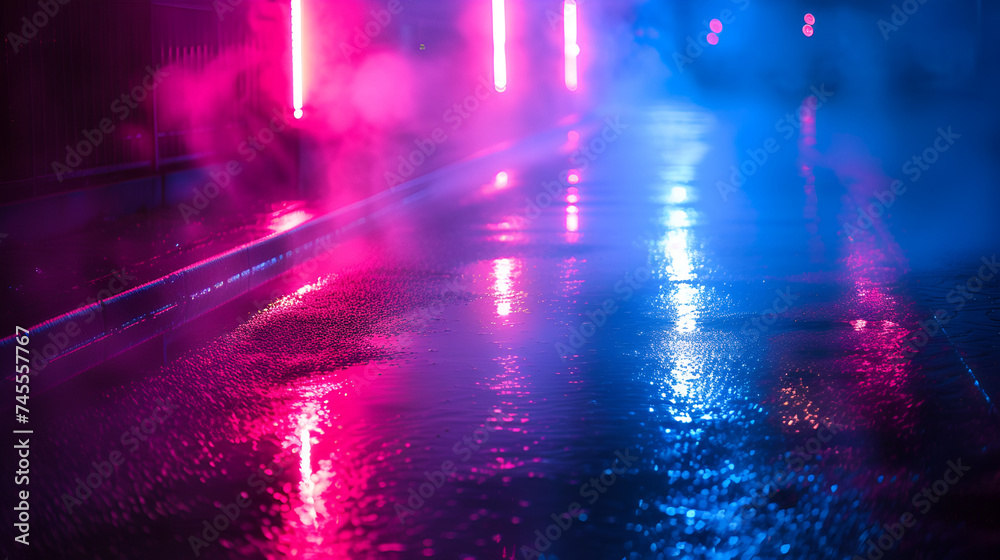 Wet asphalt reflection of neon lights, generative ai