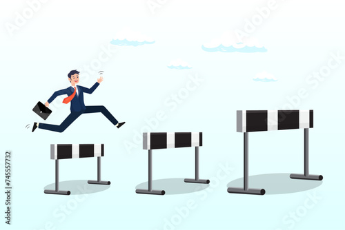 Ambitious businessman jump over hurdles to find higher obstacles, business challenge, overcome difficulty or obstacle to achieve business success, effort, skill or aspiration to solve problem (Vector)