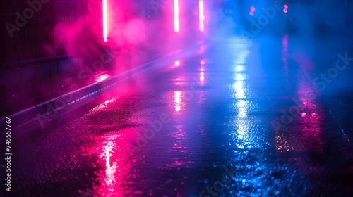 Wet asphalt reflection of neon lights, generative ai