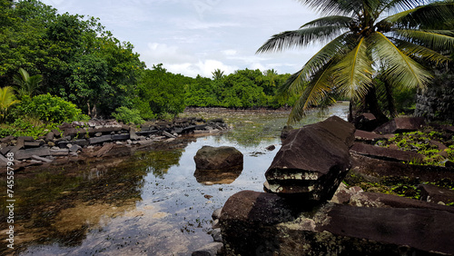 Ocean canal surrounding the ancient city of Nan Madol on the jungle covered tropical island of Pohnpei, Federated States of Micronesia