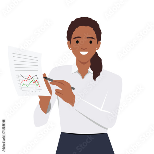 business woman explaining and discussing the paper work that show graft. Flat vector illustration isolated on white background
