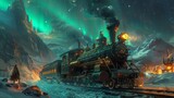 A secret steampunk black market thrives under the glow of the Aurora Borealis, its mechanical wonders trading hands in the ethereal light