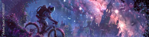 A robot and astronaut enjoying a leisurely bicycle ride through a castle garden, with galaxy projections illuminating their path photo