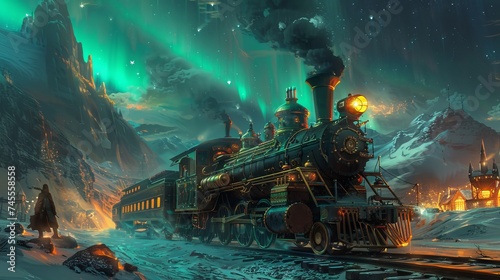 A secret steampunk black market thrives under the glow of the Aurora Borealis, its mechanical wonders trading hands in the ethereal light photo
