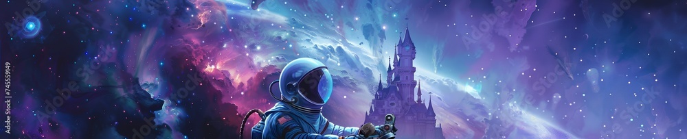 Inside a castle, an astronaut studies a galaxy map, with a robot assistant tuning a space-themed bicycle for interstellar exploration - obrazy, fototapety, plakaty 
