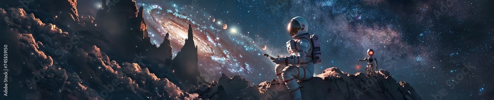 Inside a castle, an astronaut studies a galaxy map, with a robot assistant tuning a space-themed bicycle for interstellar exploration Inside a castle, an astronaut studies a galaxy map, with a robot assistant tuning a space-themed bicycle for interstellar exploration