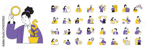 Business concept with character situations mega set in flat web design. Bundle of scenes people planning strategy, make investments, brainstorming, earning money in company. Vector illustrations.