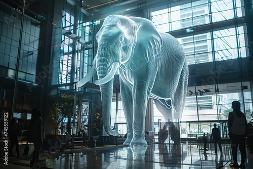 In a skyscraper's advanced lab, genetics experts create an animation of an elephant evolving, projected as a hologram in the lobby