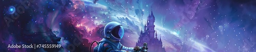 Inside a castle, an astronaut studies a galaxy map, with a robot assistant tuning a space-themed bicycle for interstellar exploration