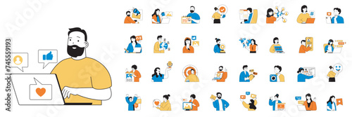 Social network concept with character situations mega set in flat web design. Bundle of scenes people chatting online, sending links, likes content, sharing information in app. Vector illustrations.