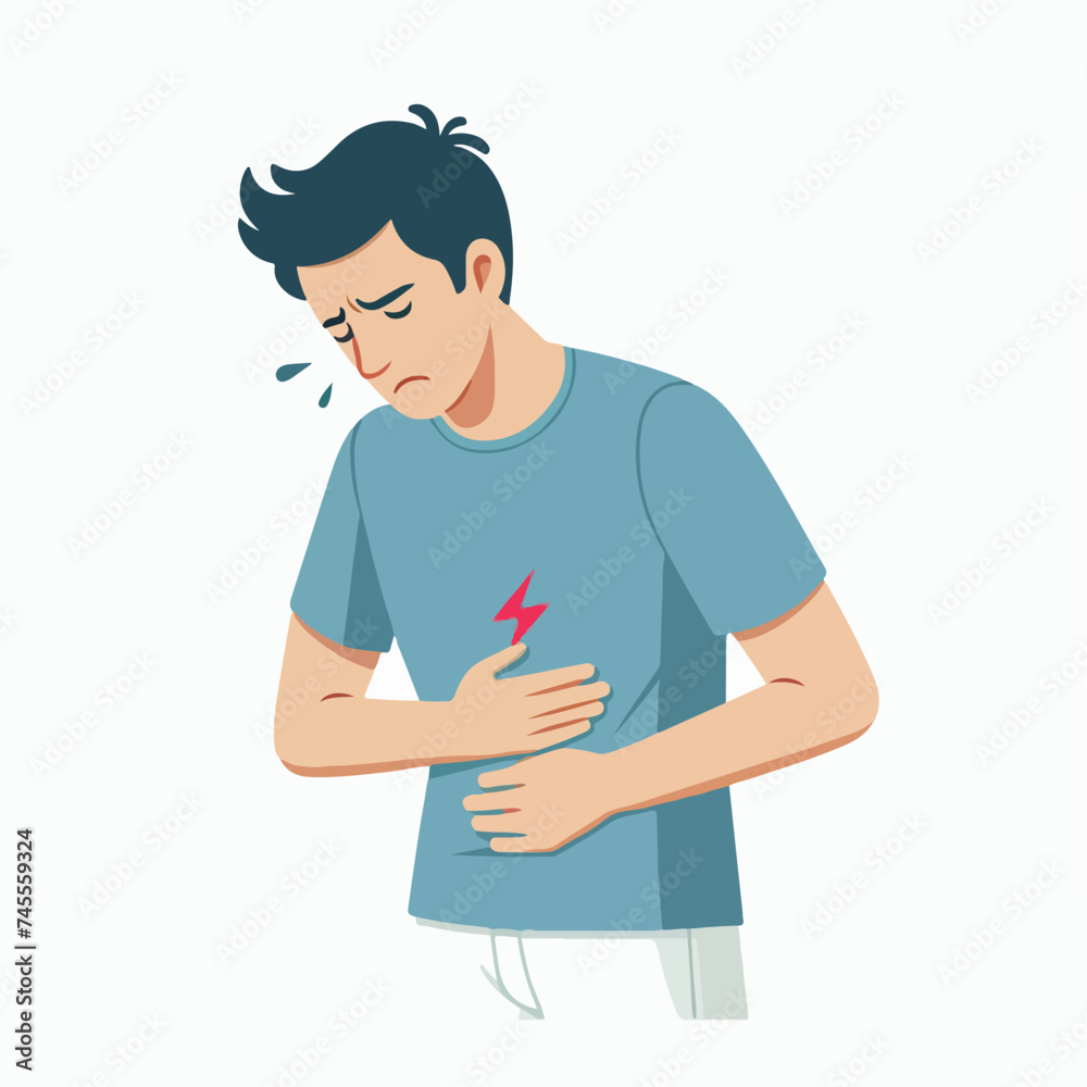 Cartoon flat design depicts a young man experiencing abdominal pain, holding his stomach, focusing on health concerns Cartoon flat design depicts a young man experiencing abdominal pain, holding his stomach, focusing on health concerns