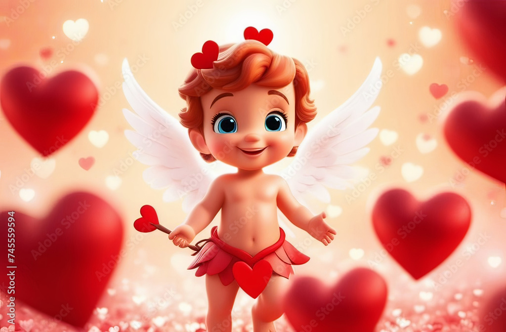 Obraz premium cute cartoon style cupid boy with lots of hearts, valentines greeting card