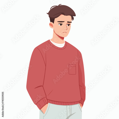 Flat cartoon illustration depicts a young man standing with a sad expression, highlighting health concerns and emotional distress