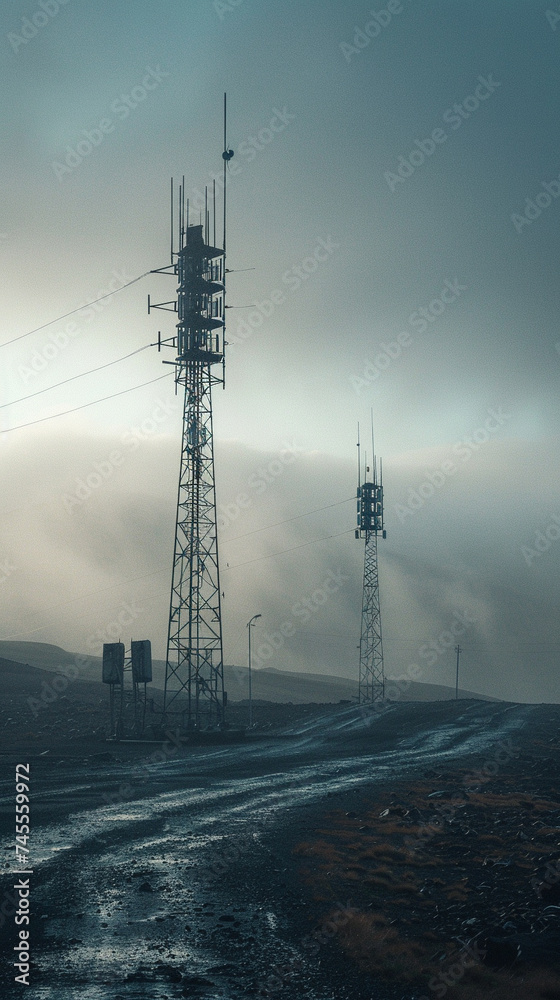 Ghostly 6G towers, standing as monoliths in a desolate landscape, broadcasting to no one Ghostly 6G towers, standing as monoliths in a desolate landscape, broadcasting to no one