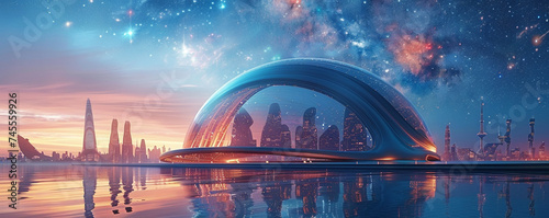 Futuristic city under a dome, sparkling with stars, surrounded by a dreamy, surreal landscape