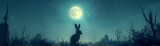 Silhouette of a rabbit against a moonlit sky, surrounded by sinister dessert ruins