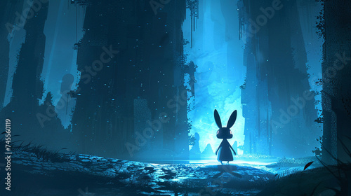 Shadowy rabbit hopping through a dreamland of deserted, dark dessert towers photo