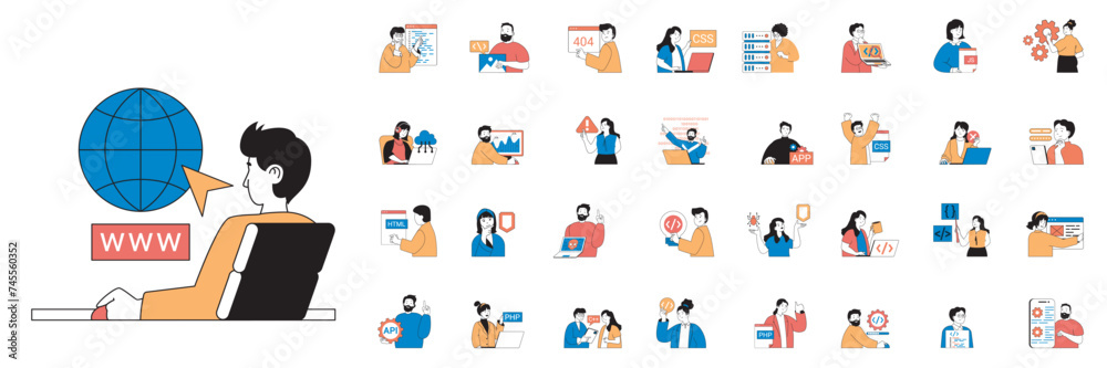 Programming concept with character situations mega set in flat web design. Bundle of scenes people working with program code, coding apps and creating software, fixing bugs. Vector illustrations. Programming concept with character situations mega set in flat web design. Bundle of scenes people working with program code, coding apps and creating software, fixing bugs. Vector illustrations.