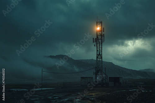 Wireless signals, dark and powerful, emanate from a 6G tower standing alone in a wasteland photo