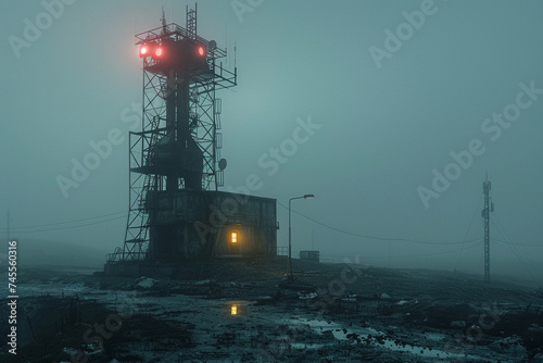 Wireless signals, dark and powerful, emanate from a 6G tower standing alone in a wasteland photo
