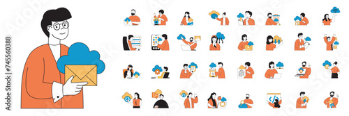 Cloud computing concept with character situations mega set in flat web design. Bundle of scenes people using online database and hosting service, upload data to cloud storage. Vector illustrations.