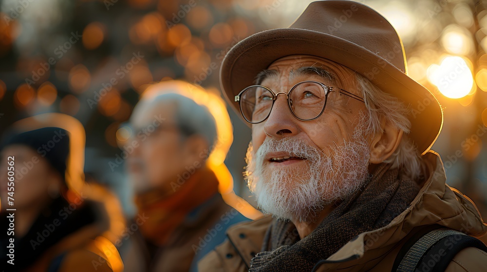 Old senior bearded man looks up to the sky