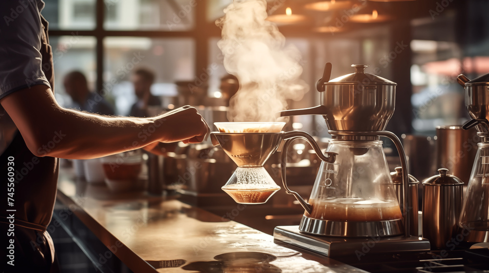 A barista is pouring hot water from a stainless steel kettle into a glass dripper, cafe interior background