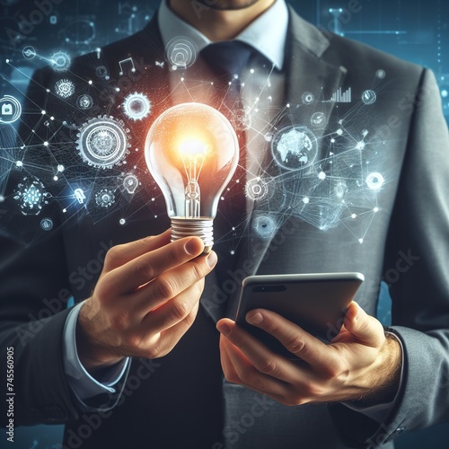 a young man in a business suit holding a burning light bulb as a symbol of business ideas and a smartphone photo