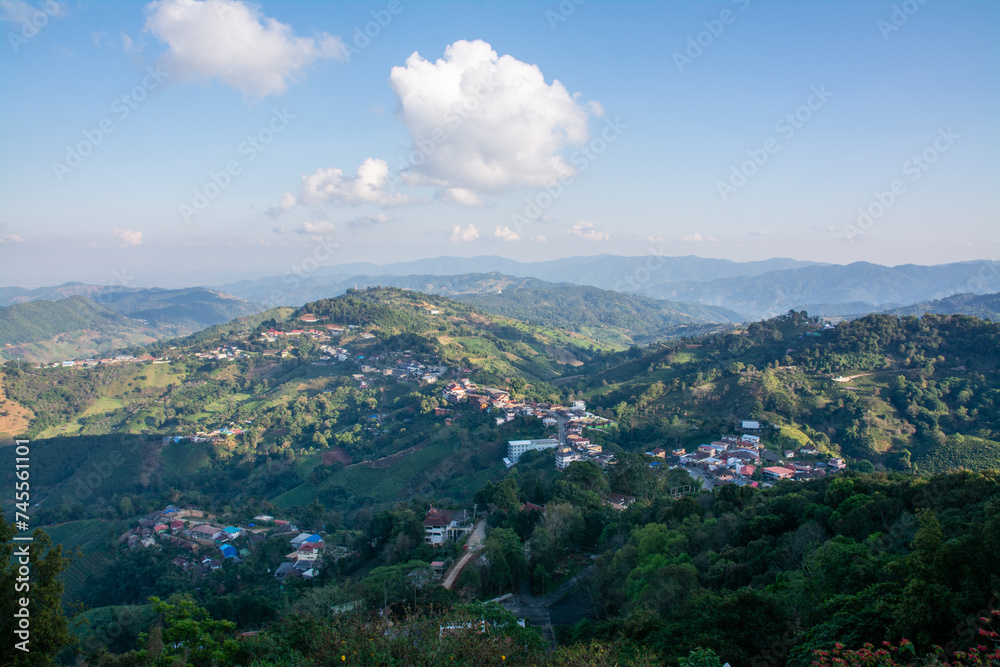 Aerial view of doi mae salong mountain with tribe village  at chiangrai , Thailand