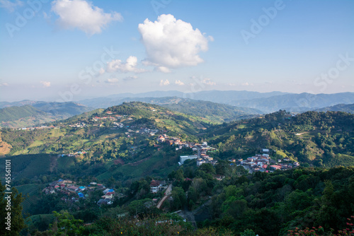 Aerial view of doi mae salong mountain with tribe village at chiangrai , Thailand