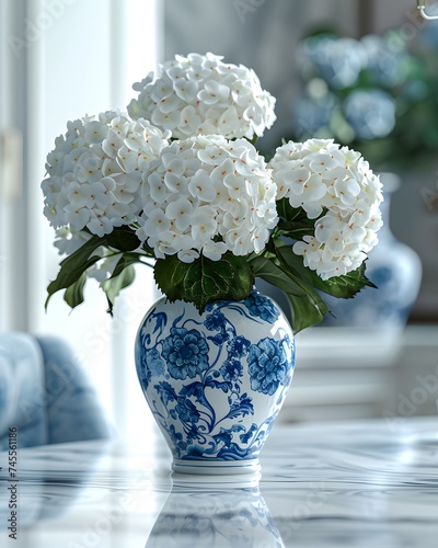 French vase with blue and white deoration with white carnations photo