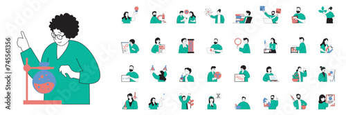 Science laboratory concept with character situations mega set in flat web design. Bundle of scenes people making chemical or medical tests, doing microscope researches at lab. Vector illustrations.