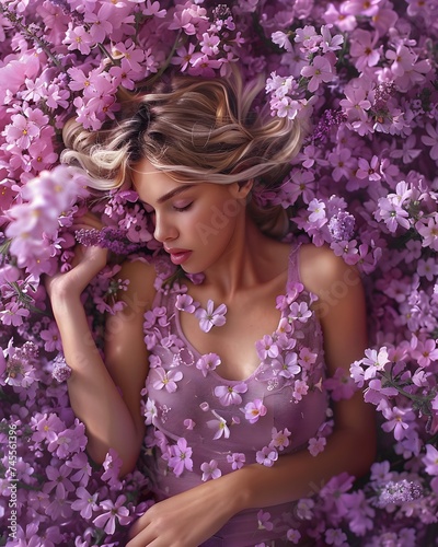 Girl asleep in a huge bed of pink flowers