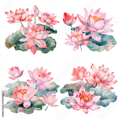 Set of watercolor Lotus Flower isolated on white background