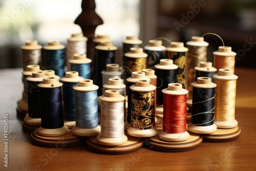 Quaint Pincushion spools thread on wooden table. Art sewing material object textile. Generate ai