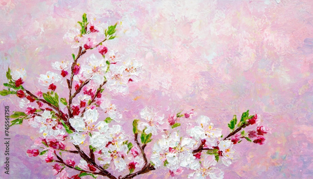 Oil painting of cherry blossom and branch on grungy pink background Oil painting of cherry blossom and branch on grungy pink background