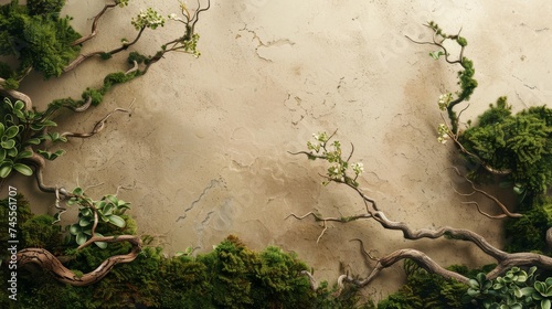 Moss Landscape Border on Beige Background in the Style of Varying Wood Grains - Aerial Illustration Smokey Twisted Branches Like Background created with Generative AI Technology © Sentoriak