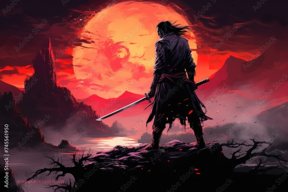 scene of samurai with fire sword standing scene of samurai with fire sword standing