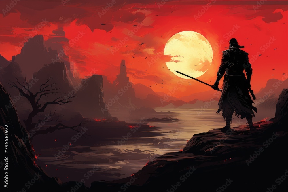 scene of samurai with fire sword standing scene of samurai with fire sword standing