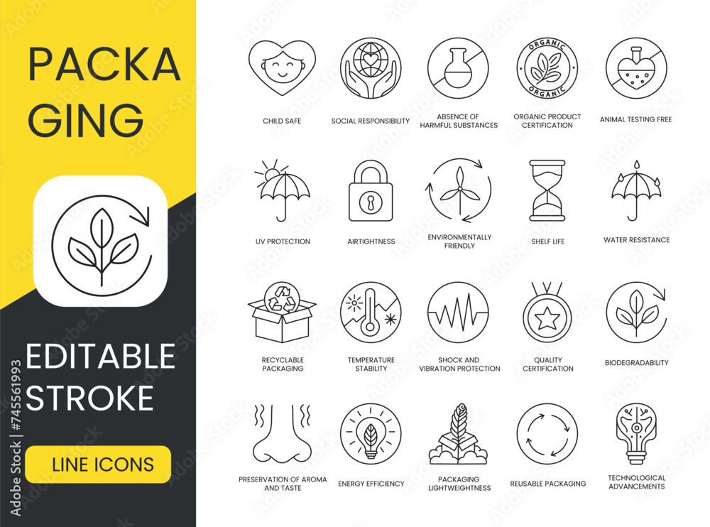 Packaging Features Line Icons Set in Vector with Editable Stroke, Environmentally Friendly Packaging and UV Protection, Shelf Life or Freshness Guarantee and Airtightness, Water Resistance and Shock