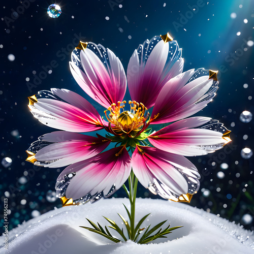 Capture the surreal elegance of a cosmos flower and delicate snowflake in 4K+ resolution against a snowy backdrop, accentuating their exquisite details and opulent allure.(Generative AI) 