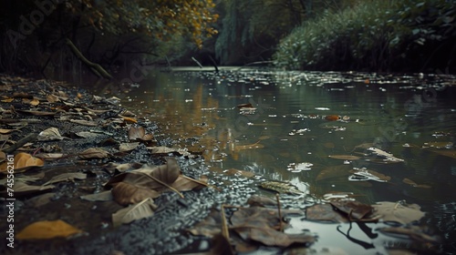 Quiet autumn rivers leaves floating gently downstream natures slow and beautiful decay