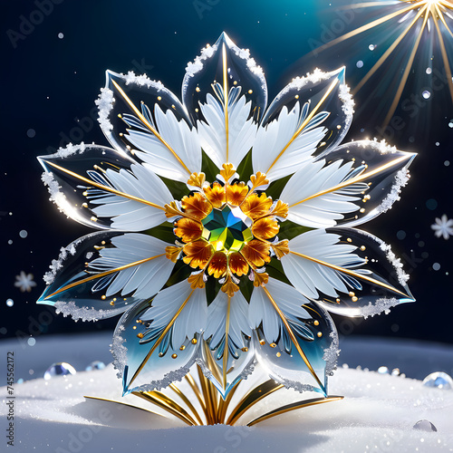 Capture the surreal elegance of a cosmos flower and delicate snowflake in 4K+ resolution against a snowy backdrop, accentuating their exquisite details and opulent allure.(Generative AI) 