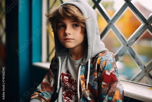 Portrait of a boy in a hood on the background of the window.