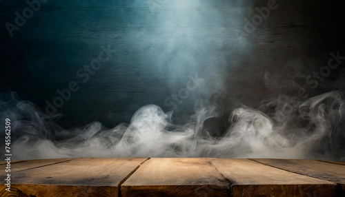 Soothing Mist: Empty Wooden Table with Delicate Smoke