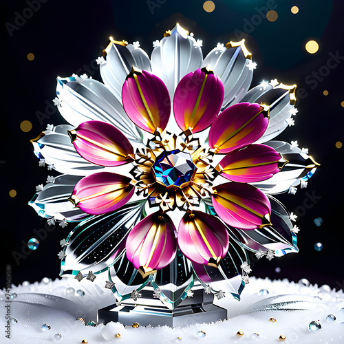 Capture the surreal elegance of a cosmos flower and delicate snowflake in 4K+ resolution against a snowy backdrop, accentuating their exquisite details and opulent allure.(Generative AI) 